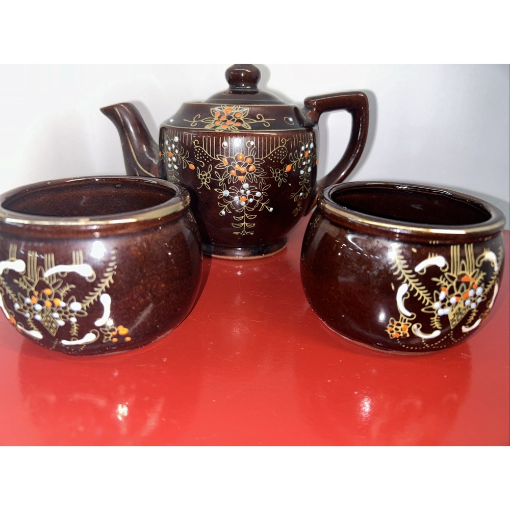 Vintage Brown‎ Betty Redware Teapot With Cups Japan Moriage Enamel Hand Painted